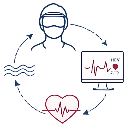 The image shows the feedback loop of HRV biofeedback in virtual reality used for psychophysiological investigation and stimulation. The user's heart rate variability (HRV) is recorded, processed and displayed by elements in the virtual reality allowing regulate consciously the own body processes.